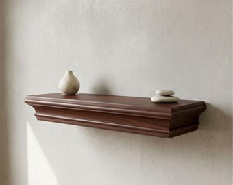 Handcrafted Wooden Floating Wall Shelf, Ornate Carved Trim Design, Dark Walnut Finish, Elegant Kitchen & Living Space Decor