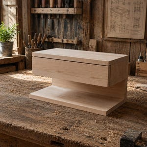 May include: A light-colored wooden floating shelf featuring a single integrated drawer. The unit has a rectangular top surface, a front-facing drawer panel with a smooth grain, and a lower shelf base connected by a vertical support panel.