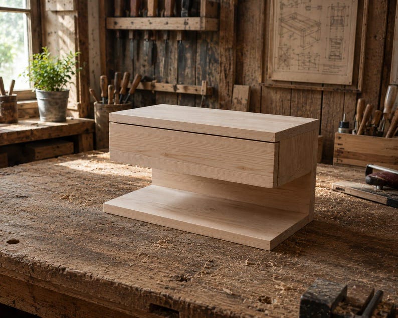 May include: A light-colored wooden floating shelf featuring a single integrated drawer. The unit has a rectangular top surface, a front-facing drawer panel with a smooth grain, and a lower shelf base connected by a vertical support panel.