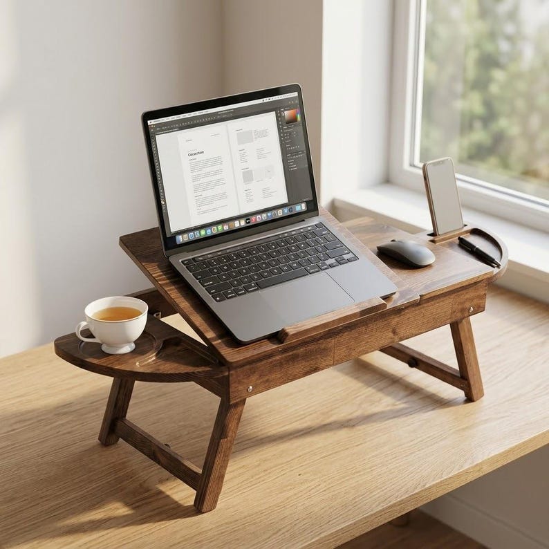 Op de afbeelding: Een houten laptoptafel met een ingebouwde bekerhouder en telefoonstandaard. Een laptop, muis en smartphone staan op de tafel. Een kopje thee staat in de bekerhouder. De tafel staat op een houten oppervlak bij een raam.
