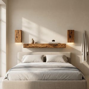 Reclaimed Oak Wall Sconce Set of 2 with Floating Shelf | Japandi Bedroom Lighting