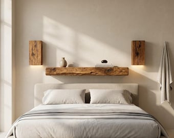 Reclaimed Oak Wall Sconce Set of 2 with Floating Shelf | Japandi Bedroom Lighting