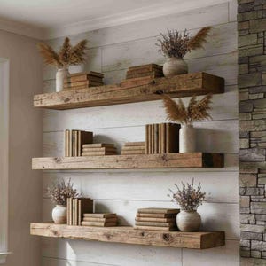 May include: Three rustic wooden shelves on a wall, each with stacks of books and vases of dried flowers. The shelves are made of rough-hewn wood, creating a natural, farmhouse style. The wall has a white-washed wood paneling.