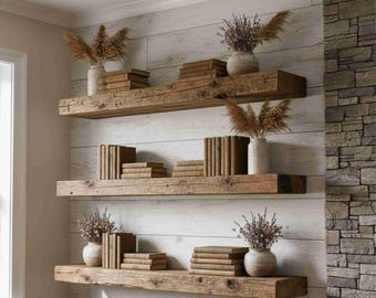 Rustic farmhouse-style reclaimed wood floating shelves