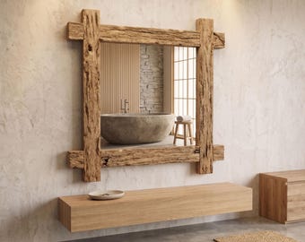 Grote rustieke houten spiegel, badkamerspiegel teruggewonnen Barnwood, boerderij make-upspiegel, handgemaakte houten lijst spiegel, wandspiegel aangepast formaat
