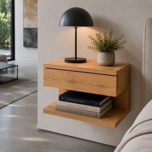 May include: A wall-mounted light oak nightstand featuring a single drawer and an open lower shelf. A black dome-shaped table lamp and a small potted green plant sit on top, while three stacked books rest on the lower shelf.