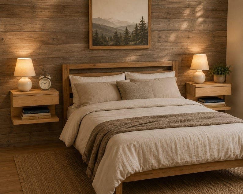 May include: A wooden bed frame with a light beige duvet and a brown throw blanket. Two floating wooden nightstands hold white lamps and a clock. A framed landscape print hangs on the wood-paneled wall above the headboard.