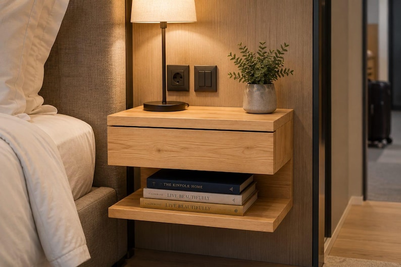 May include: A wall-mounted light wood floating nightstand with a single drawer and an open lower shelf. The shelf holds three stacked books titled The Kinfolk Home and Live Beautifully. A black lamp and a small potted plant sit on top.