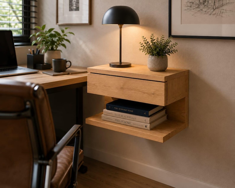 May include: A wall-mounted light oak floating nightstand featuring a single horizontal drawer and an open storage shelf below. The shelf holds three stacked books titled The Kinfolk Home, Live Beautifully, and This is Home.