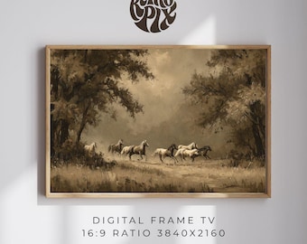 Quadro vintage con cavalli selvaggi in corsa, arte western con cavalli, Samsung Frame TV, display digitale