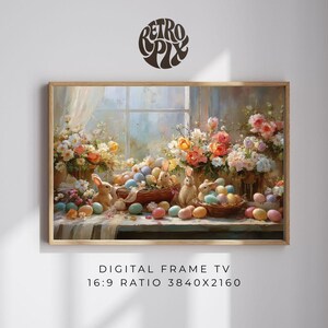 Pastel Easter Bunnies Frame TV Art, Spring Floral Display 4K (Digital Download)