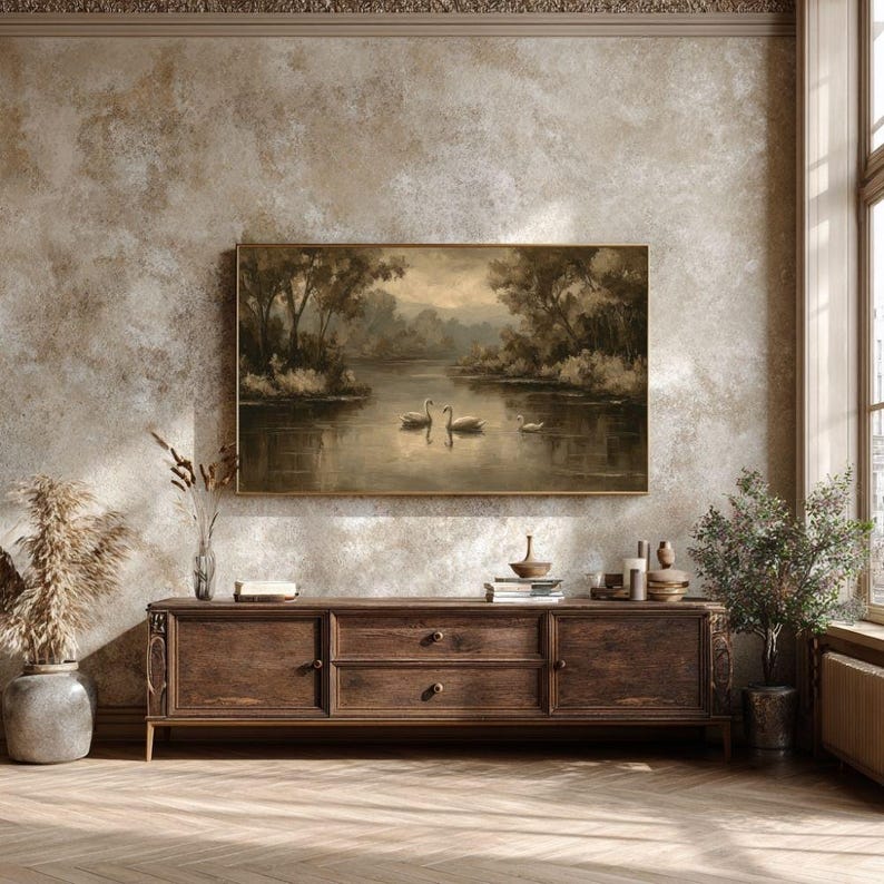 Vintage Swan Lake Painting Nature Landscape Samsung Frame TV Digital Display Artwork image 3
