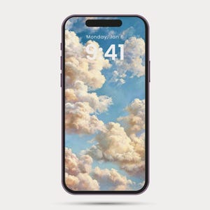 May include: A purple smartphone displays a cloudscape wallpaper with a blue sky and fluffy white clouds. The screen shows the date as Monday, Jan 6, and the time as 9:41.