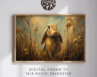 Vintage Rabbit Painting, Neutral Woodland Samsung Frame TV Art (Digital Download)