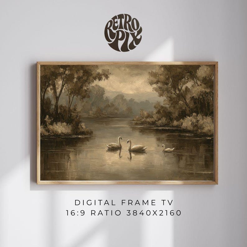 Vintage Swan Lake Painting Nature Landscape Samsung Frame TV Digital Display Artwork image 1