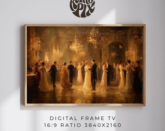 May include: A framed digital art print depicting a ballroom scene with couples dancing. The artwork features warm tones, chandeliers, and the text "RETRO PIX" and "DIGITAL FRAME TV 16:9 RATIO 3840X2160". The print is in a wooden frame.