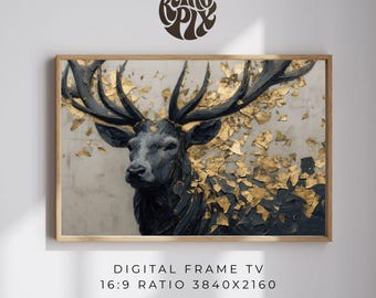 May include: A framed digital art print featuring a stylized deer with large antlers. The deer is primarily black and gray, with gold leaf accents. The artwork is set against a neutral background, with the text "RETRO PIX" and "DIGITAL FRAME TV 16:9 RATIO 3840X2160".