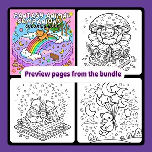 Może przedstawiać: Zapowiedź kolorowanki zatytułowanej "Fantasy Animal Companions Coloring Book". Obraz przedstawia cztery panele z fantazyjnymi ilustracjami zwierząt, tęcz i gwiazd. Widoczny jest r&oacute;wnież tekst "Preview pages from the bundle".