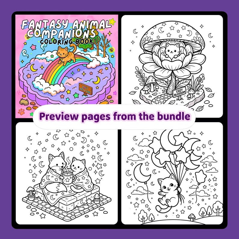 Może przedstawiać: Zapowiedź kolorowanki zatytułowanej "Fantasy Animal Companions Coloring Book". Obraz przedstawia cztery panele z fantazyjnymi ilustracjami zwierząt, tęcz i gwiazd. Widoczny jest r&oacute;wnież tekst "Preview pages from the bundle".