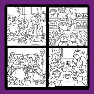 May include: Black and white illustration of four scenes depicting women in various settings. One scene shows a woman washing dishes, another shows a baker with bread, a third shows women in a garden, and the last shows women at tea.