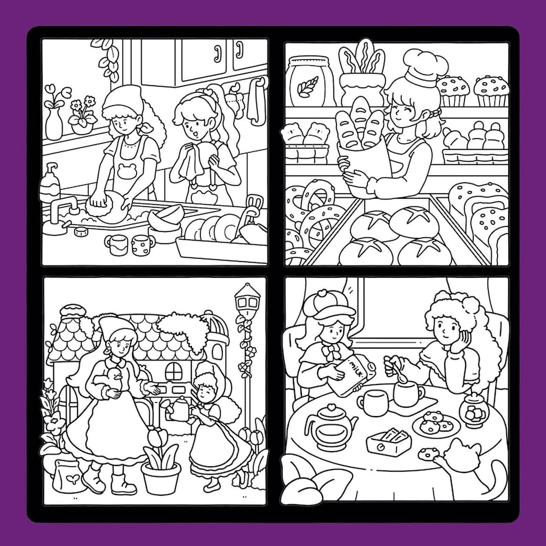 May include: Black and white illustration of four scenes depicting women in various settings. One scene shows a woman washing dishes, another shows a baker with bread, a third shows women in a garden, and the last shows women at tea.