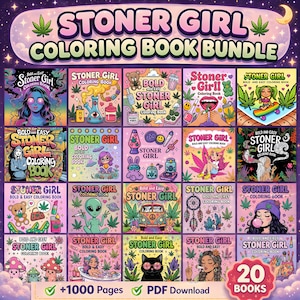 Op de afbeelding: Een bundel van 20 "Stoner Girl" kleurboeken. Elke omslag toont kleurrijke illustraties van verschillende thema's, waaronder stripfiguren, cannabisbladeren en psychedelische ontwerpen. De tekst "Stoner Girl Coloring Book Bundle" staat bovenaan.