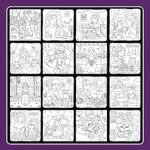 May include: A black and white illustration of a grid of sixteen panels, each depicting a different scene of a person with a cat. The scenes include activities like cooking, reading, and relaxing. The style is reminiscent of a coloring book.