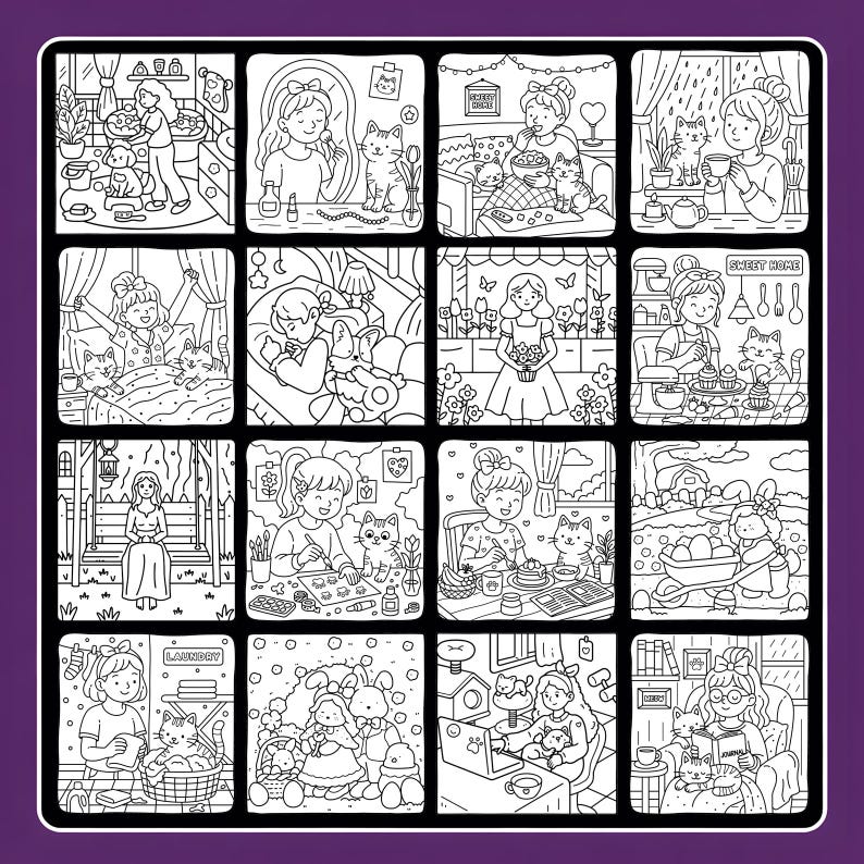 May include: A black and white illustration of a grid of sixteen panels, each depicting a different scene of a person with a cat. The scenes include activities like cooking, reading, and relaxing. The style is reminiscent of a coloring book.