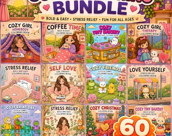 Cute Cozy Moments Coloring Bundle | 2000+ Relaxing Bold & Easy Coloring Pages | 60 Printable PDF PNG Coloring Books