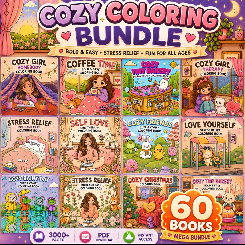 Może przedstawiać: Obraz cyfrowy prezentuje 'Cozy Coloring Bundle' z 60 książkami. Pakiet zawiera r&oacute;żne motywy, takie jak 'Cozy Girl', 'Coffee Time' i 'Stress Relief'. Każda okładka książki zawiera ilustracje i tekst 'Bold & Easy' i 'Fun for All Ages'.