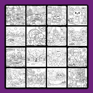 May include: A monochrome coloring book page with a grid of illustrated scenes. The scenes depict animals, people, and cosy settings such as reading, cooking, and relaxing. The illustrations are detailed and suitable for coloring.