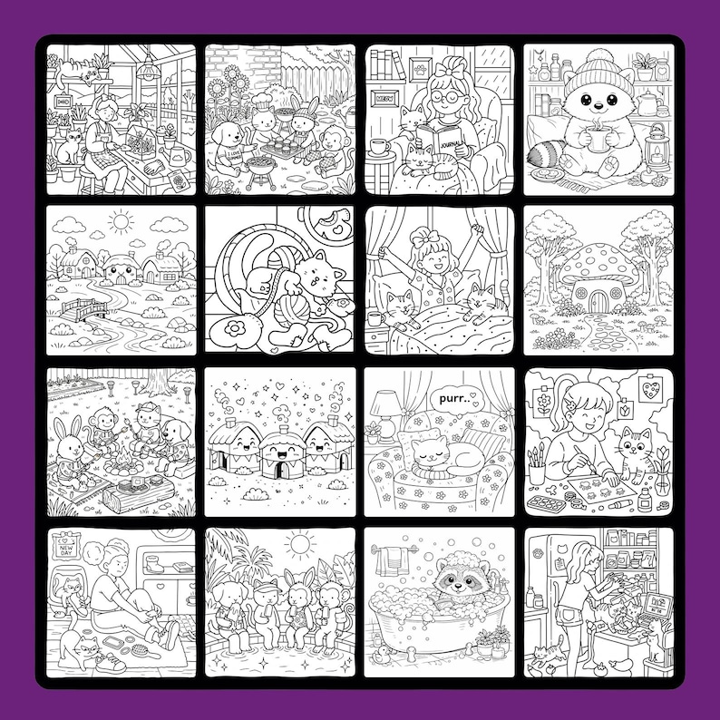 May include: A monochrome coloring book page with a grid of illustrated scenes. The scenes depict animals, people, and cosy settings such as reading, cooking, and relaxing. The illustrations are detailed and suitable for coloring.