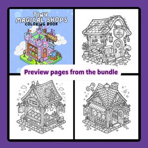 Może przedstawiać: Podgląd stron z kolorowanki zatytułowanej "Tiny Magical Shops Coloring Book". Obraz przedstawia cztery szczeg&oacute;łowe czarno-białe ilustracje fantazyjnych sklep&oacute;w, w tym zamek, sklep z zaklęciami, lodziarnię i piekarnię.
