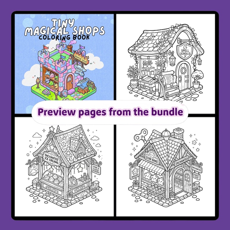 Może przedstawiać: Podgląd stron z kolorowanki zatytułowanej "Tiny Magical Shops Coloring Book". Obraz przedstawia cztery szczeg&oacute;łowe czarno-białe ilustracje fantazyjnych sklep&oacute;w, w tym zamek, sklep z zaklęciami, lodziarnię i piekarnię.