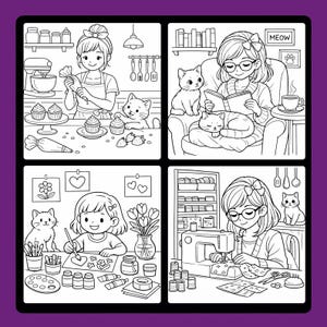 May include: A black and white illustration of four panels depicting various activities. One panel shows a person decorating cupcakes, another shows a person reading with cats, a third shows a person painting, and the last shows a person sewing.