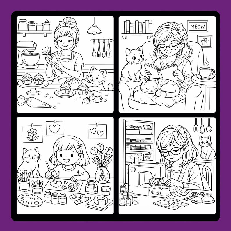 May include: A black and white illustration of four panels depicting various activities. One panel shows a person decorating cupcakes, another shows a person reading with cats, a third shows a person painting, and the last shows a person sewing.