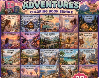 20 gemütliche Reise-Abenteuer Malbücher zum Ausmalen | 1000 Seiten Fett & einfach druckbare PDF PNG | Digital Download Malvorlagen