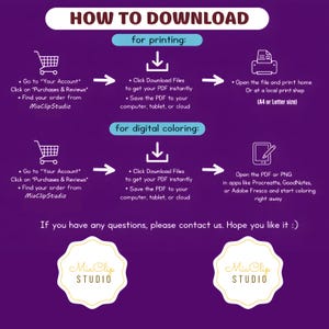 May include: A purple graphic with instructions on how to download digital files for printing and digital coloring. The text includes steps for accessing purchases, downloading files, and opening them in various apps. The MiaClipStudio logo is at the bottom.