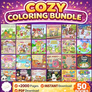 May include: A colourful image presents a "COZY COLORING BUNDLE" with 50 books and over 2000 pages. The bundle features themes such as "Veggie Life," "Funny Days," and "Cute Kawaii." The image also highlights "Instant Download" and "PDF Download" options.