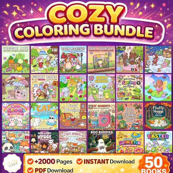 Ultimate Bold & Easy Coloring Book Bundle Vol 2 | 2000 Pages | 50 Books PDF | Cozy Cute Coloring Pages | Digital Download
