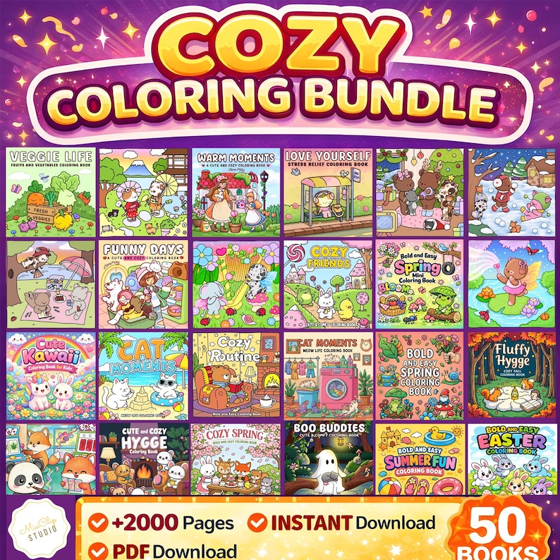 May include: A colourful image presents a "COZY COLORING BUNDLE" with 50 books and over 2000 pages. The bundle features themes such as "Veggie Life," "Funny Days," and "Cute Kawaii." The image also highlights "Instant Download" and "PDF Download" options.