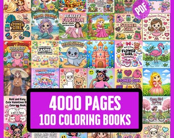 Gemütliches Malbuch-Bundle, 5000+ Seiten (PNG PDF Download), 100 digitale Malbücher für Mädchen, mutige und einfache Designs, Coco Wyo Style PDF