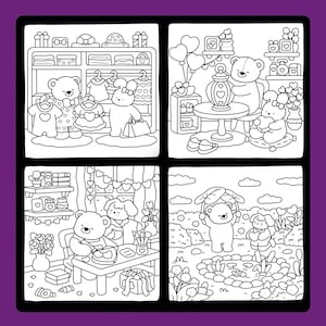 May include: Black and white line art illustration of four scenes featuring teddy bears and bunnies. The scenes depict a wardrobe, a living room with balloons, a table with art supplies, and a garden with a pond.