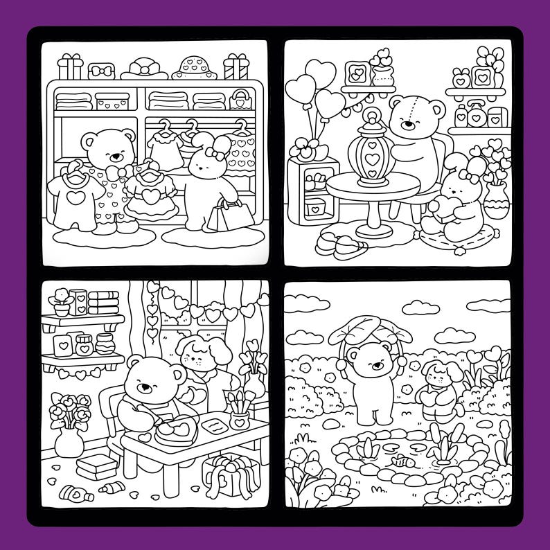 May include: Black and white line art illustration of four scenes featuring teddy bears and bunnies. The scenes depict a wardrobe, a living room with balloons, a table with art supplies, and a garden with a pond.