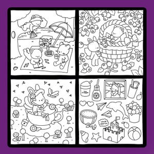 May include: Black and white line art illustrations of cute animals in various scenes. One scene shows bears at a picnic, another a bunny with blueberries, and a third a bunny in a teacup. The last scene has various summer-themed items.