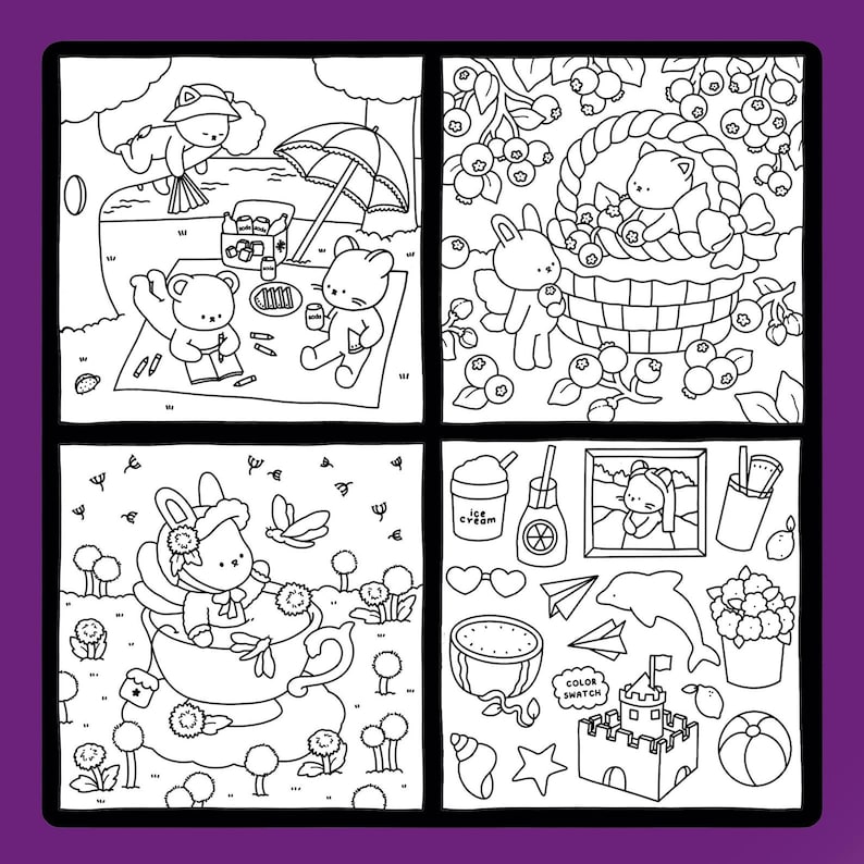 May include: Black and white line art illustrations of cute animals in various scenes. One scene shows bears at a picnic, another a bunny with blueberries, and a third a bunny in a teacup. The last scene has various summer-themed items.
