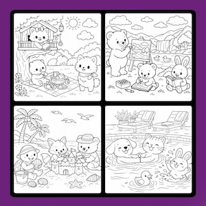 May include: Black and white illustrations of adorable animals in different settings. One scene features a picnic with a cat, a bear, and a kitten. Another shows a bear painting a landscape. Other scenes show animals building a sandcastle and swimming in a pool.
