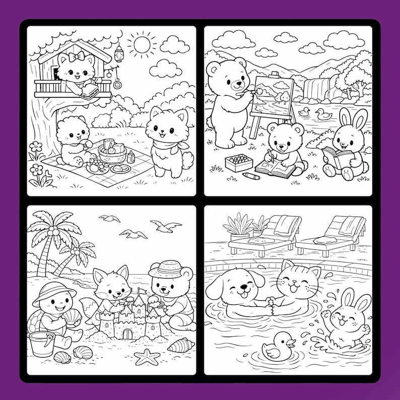 May include: Black and white illustrations of adorable animals in different settings. One scene features a picnic with a cat, a bear, and a kitten. Another shows a bear painting a landscape. Other scenes show animals building a sandcastle and swimming in a pool.