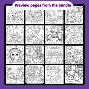 Może przedstawiać: Czarno-białe ilustracje stron do kolorowania, przedstawiające r&oacute;żne sceny ze zwierzętami i przedmiotami. Tekst "Preview pages from the bundle" znajduje się na g&oacute;rze. Obrazy obejmują zwierzęta, jedzenie i przedmioty gospodarstwa domowego.