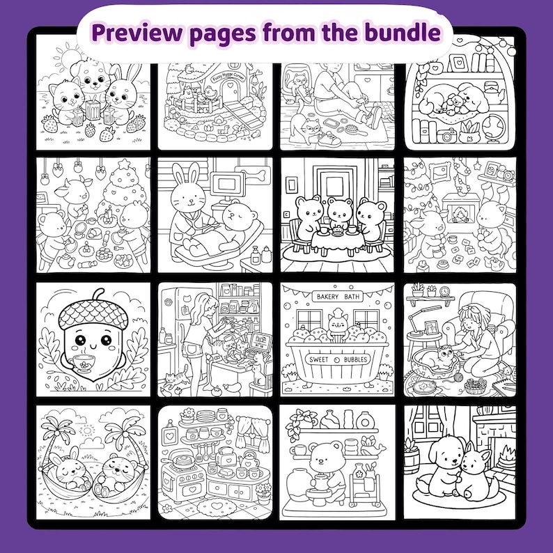 Może przedstawiać: Czarno-białe ilustracje stron do kolorowania, przedstawiające r&oacute;żne sceny ze zwierzętami i przedmiotami. Tekst "Preview pages from the bundle" znajduje się na g&oacute;rze. Obrazy obejmują zwierzęta, jedzenie i przedmioty gospodarstwa domowego.
